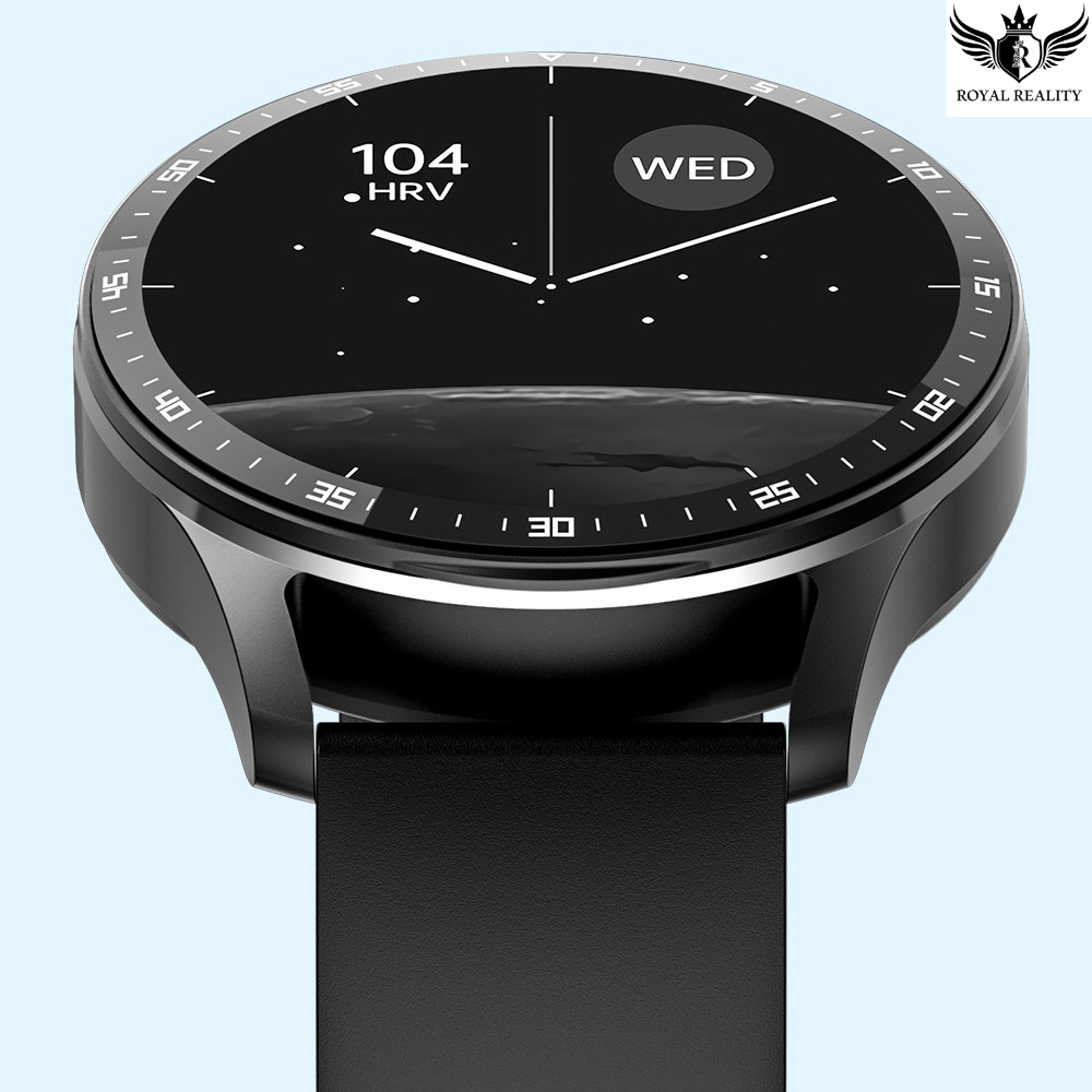 Elegant round smartwatch with analog-style black dial and HRV tracking