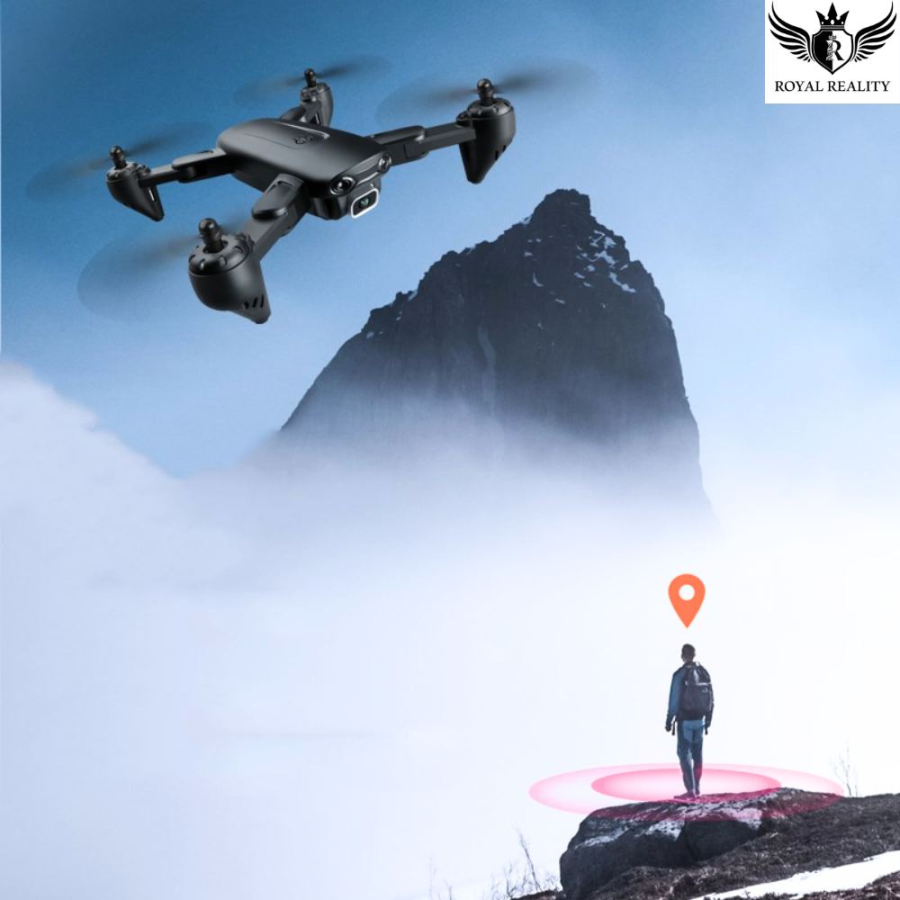 Foldable Drone Hovering Over Mountain Landscape with Target Lock Feature