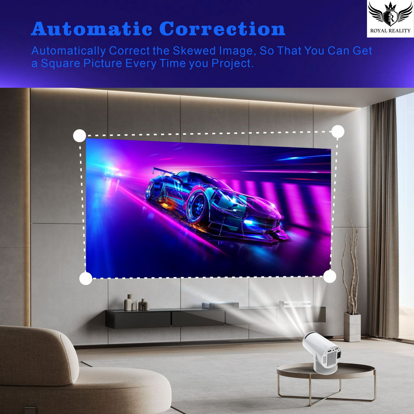 Auto keystone correction demo with projector displaying vivid purple image