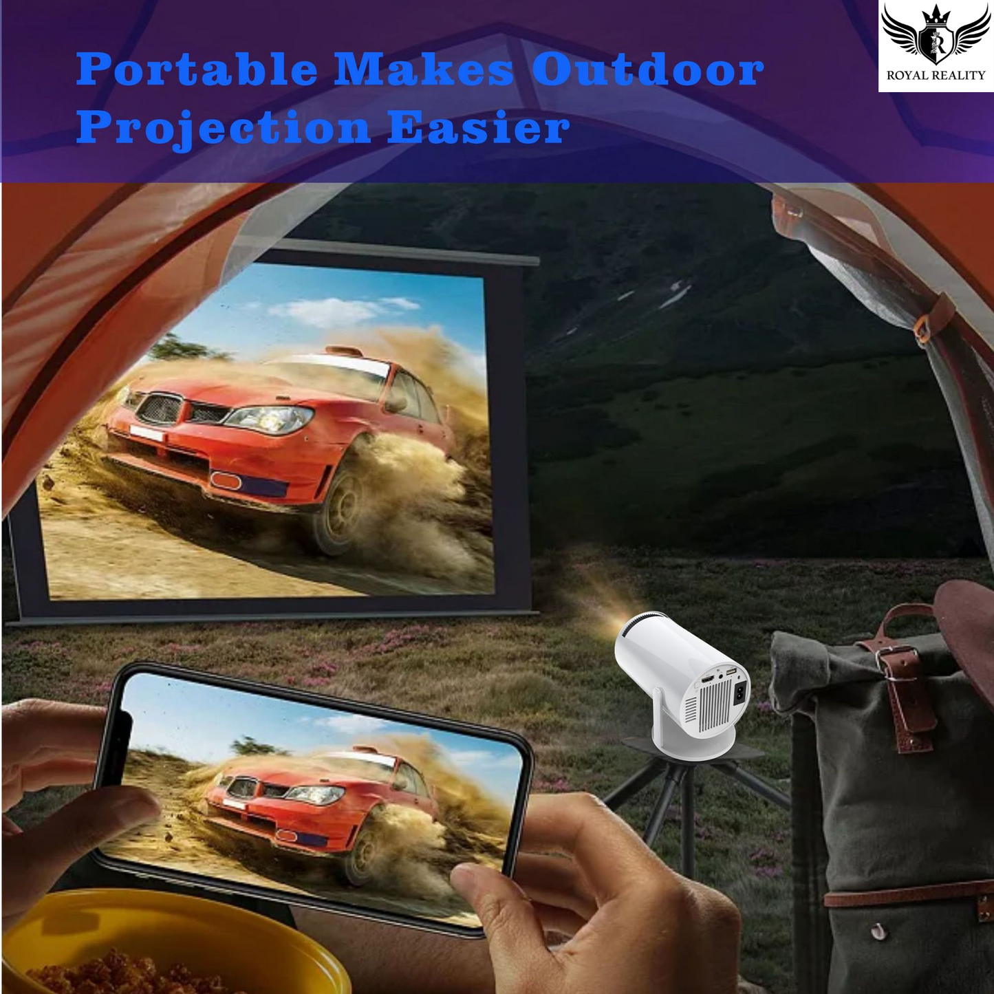 Projector casting movie on wall from smartphone with wireless connection