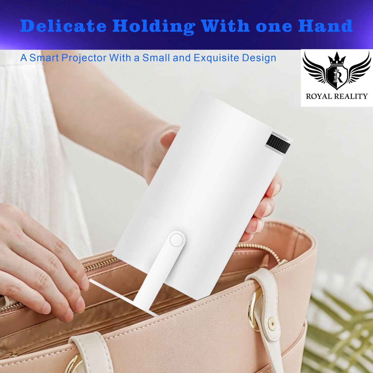 Compact projector being held in one hand for portable use