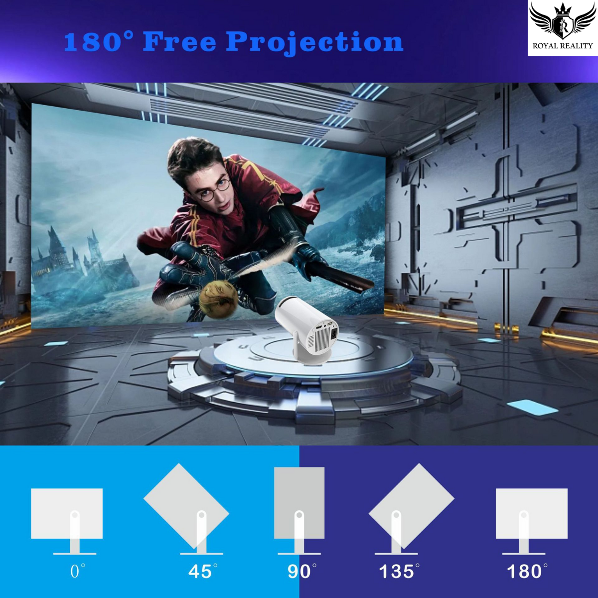 Mini projector showing gaming and cinematic use with multiple device connections