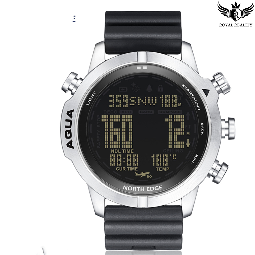 Smartwatch with Large Display: This image shows the smartwatch from a clear front angle, highlighting its large display with detailed digital readings for time, altitude, and air pressure, making it perfect for sports activities and diving.
