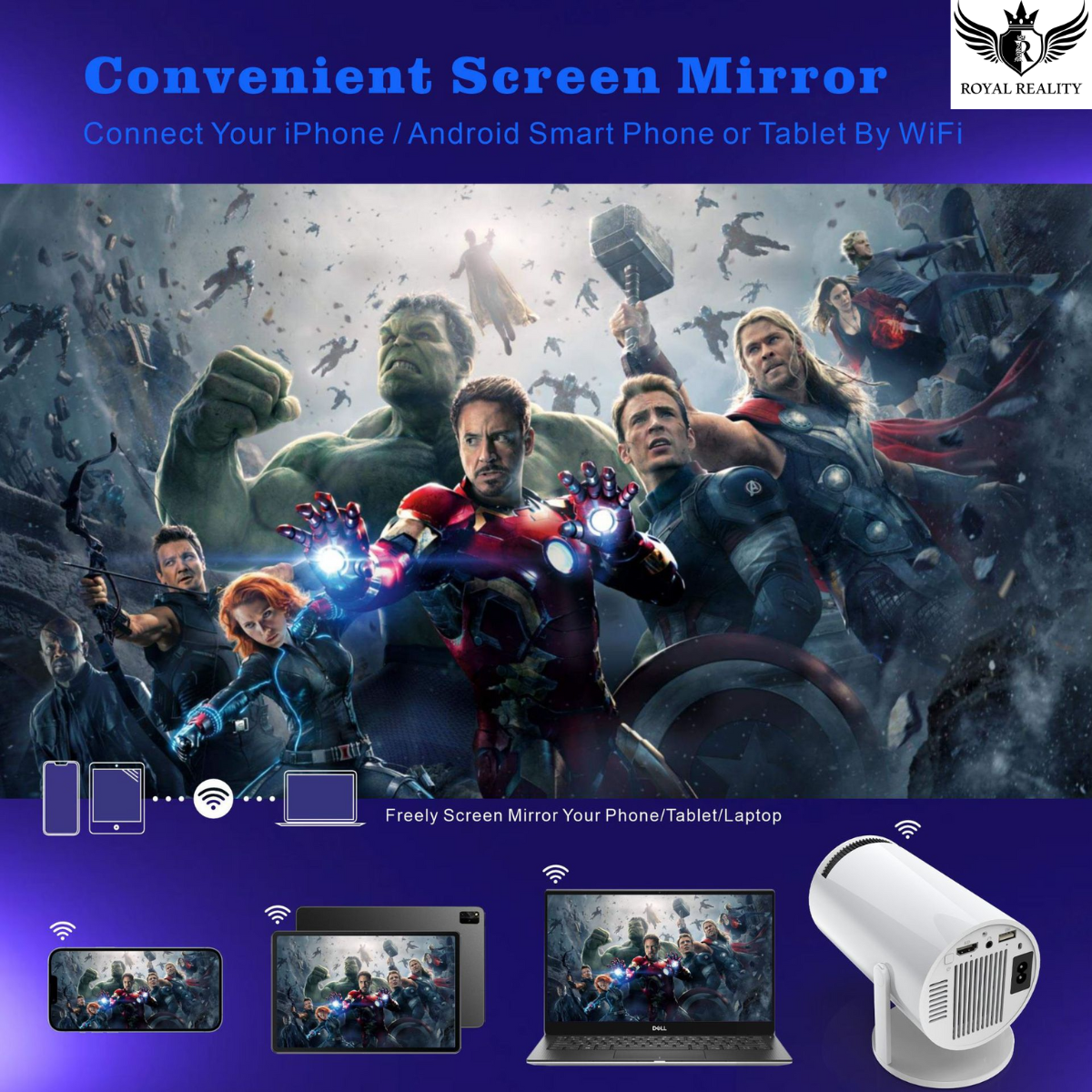 Projector displaying media gallery with WiFi and Bluetooth icons