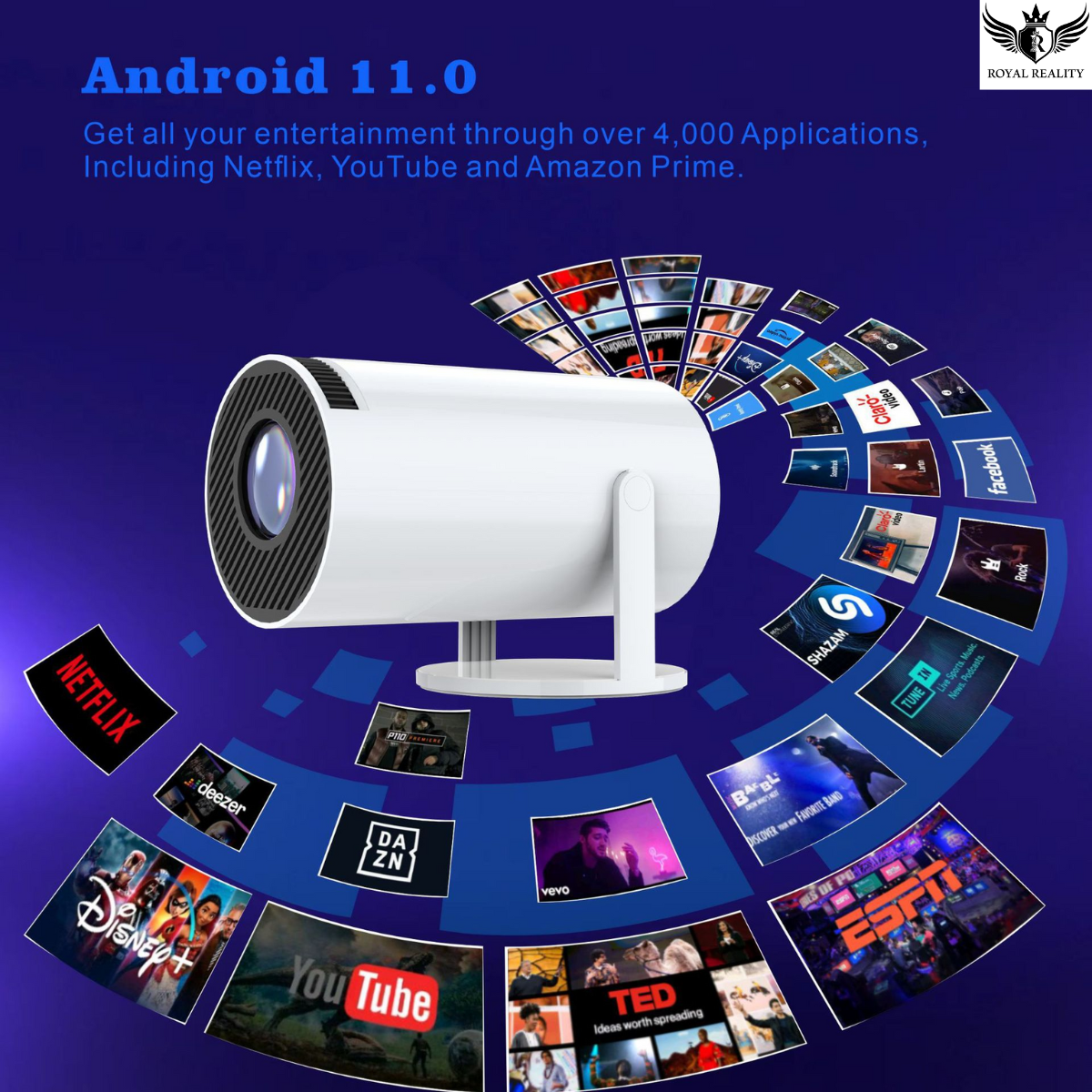 Android 11.0 smart projector interface showing app compatibility