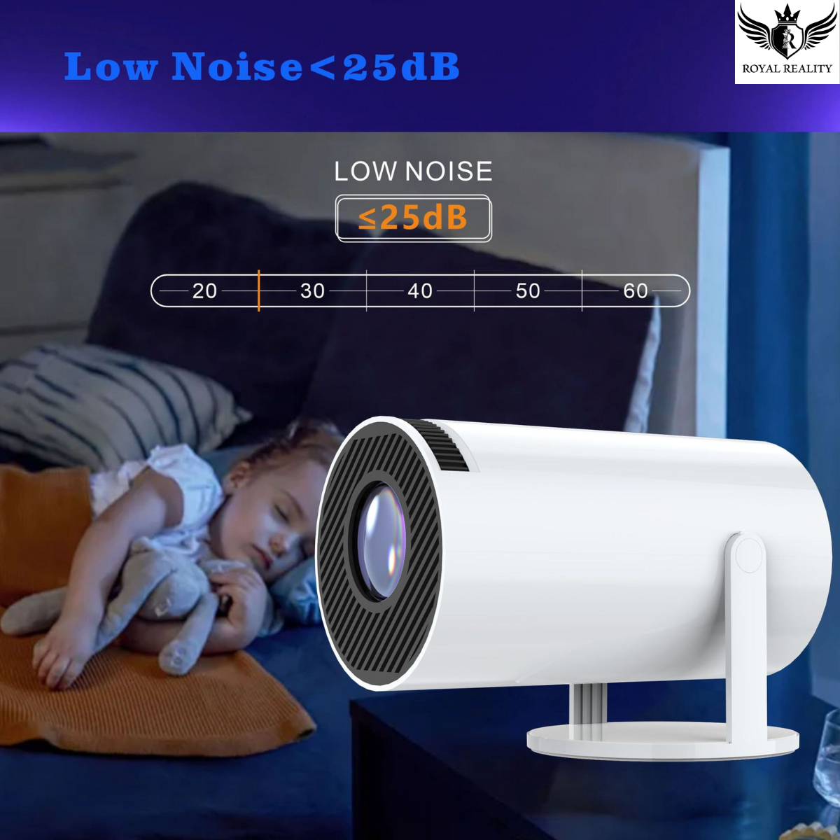 Portable mini projector placed on shelf with colorful background projection