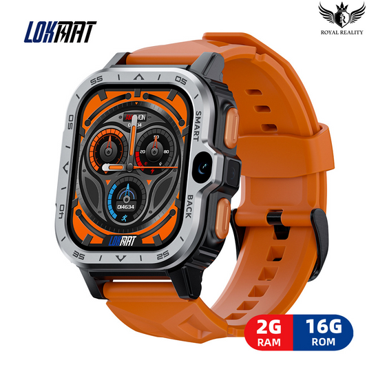 Orange rugged smart watch with dual cameras and sporty design