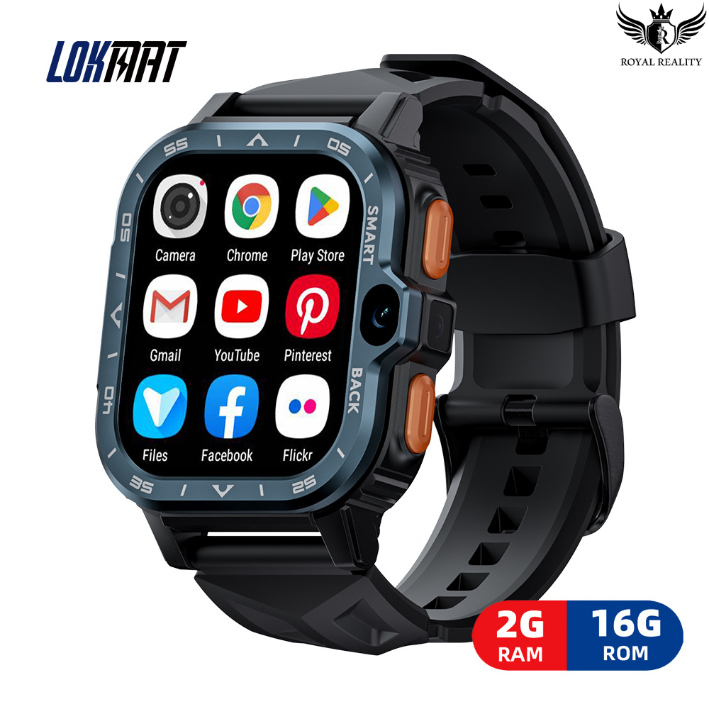 Android 4G smartwatch with 2GB RAM, 16GB storage, and app icons on screen