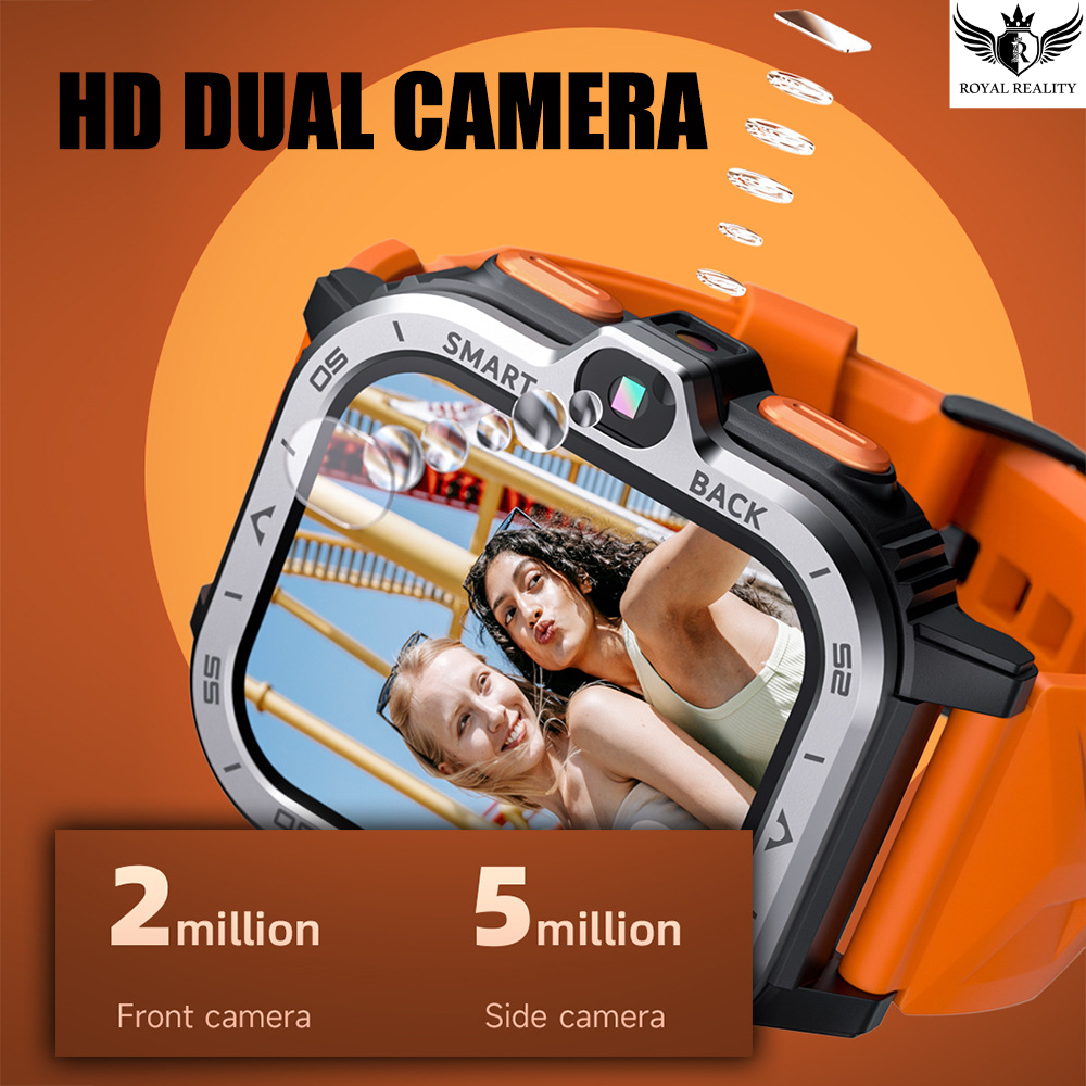 HD dual camera smartwatch showing 2MP front and 5MP side camera features