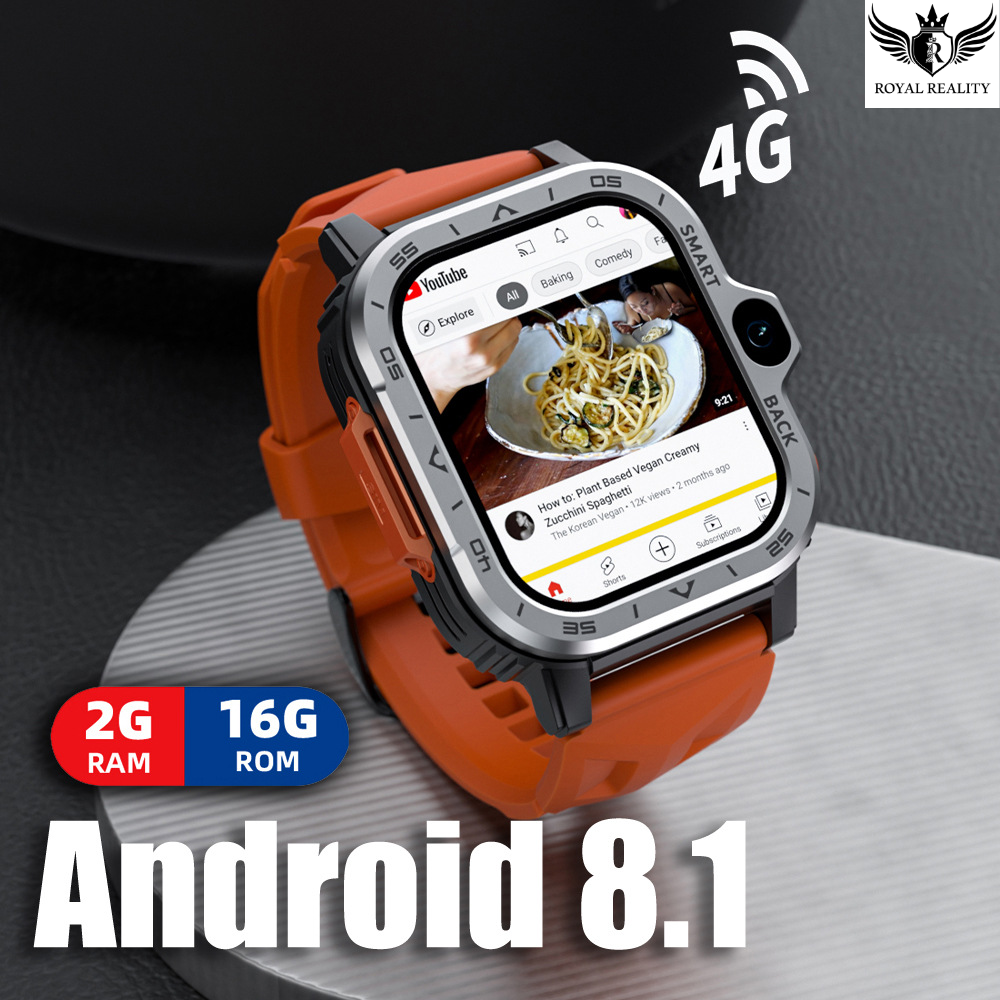 4G smartwatch displaying food video on screen with Android 8.1 text