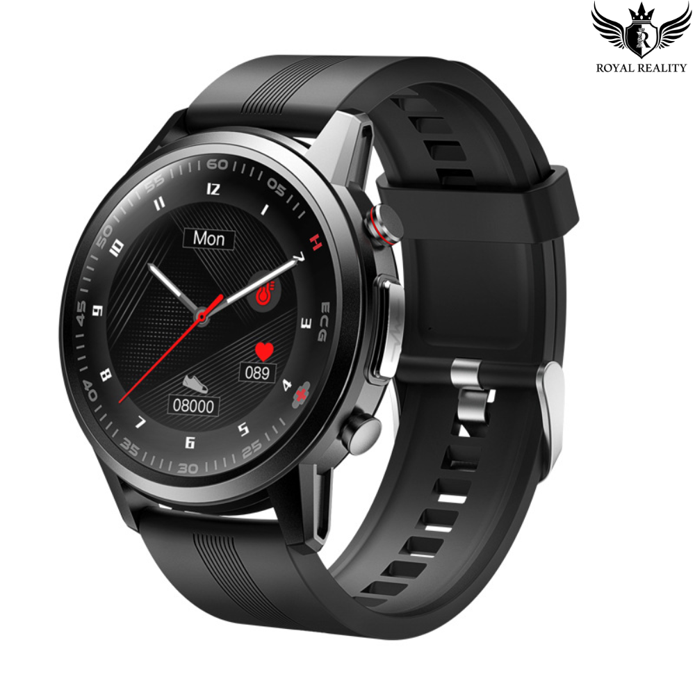Black circular smartwatch with classic analog-style interface