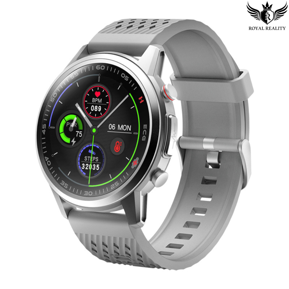 Silver grey round smartwatch with colorful health and fitness display