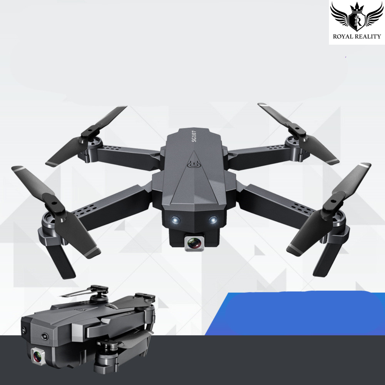 Black drone with folded wings on a white background, featuring the Royal Reality logo.