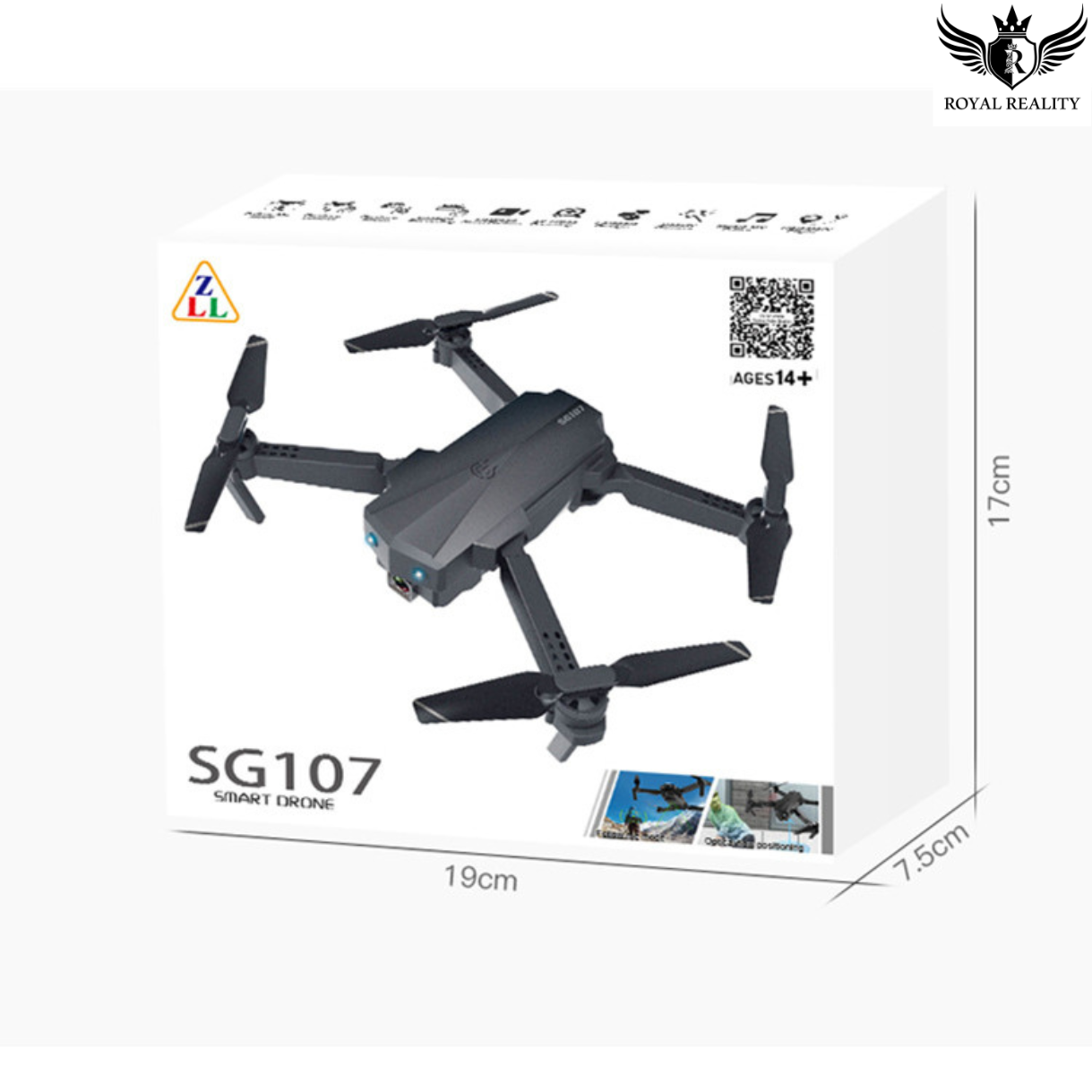 Smart drone packaging with dimensions and branding on a white background