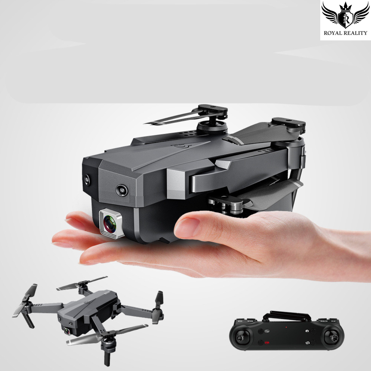 Compact drone with remote control on a white background, featuring the Royal Reality brand.