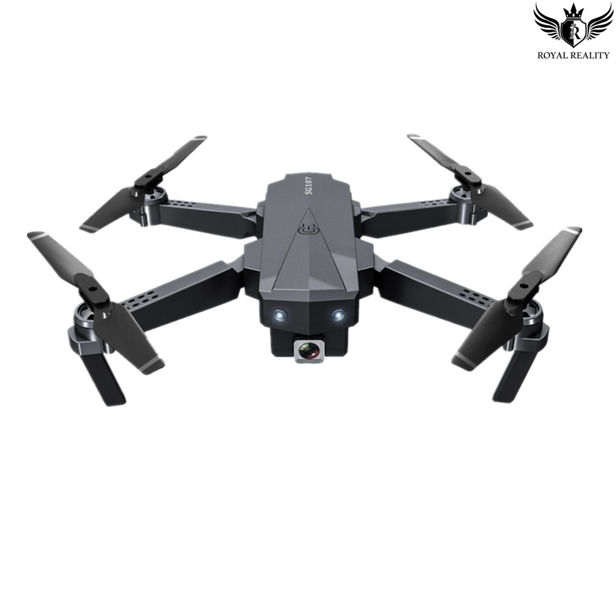 Black drone with folded propellers on a white background, branded 'Royal Reality'.