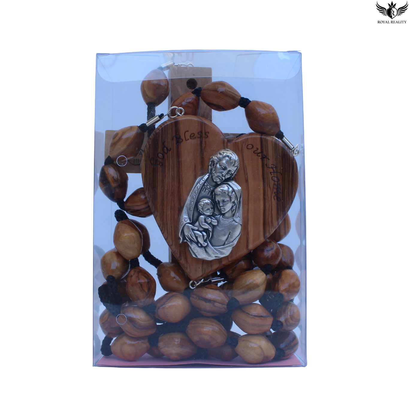 Wooden rosary with a heart-shaped central piece featuring an engraved image, in clear packaging.