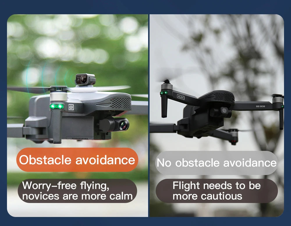 Two drones side by side with text about obstacle avoidance and flight caution.