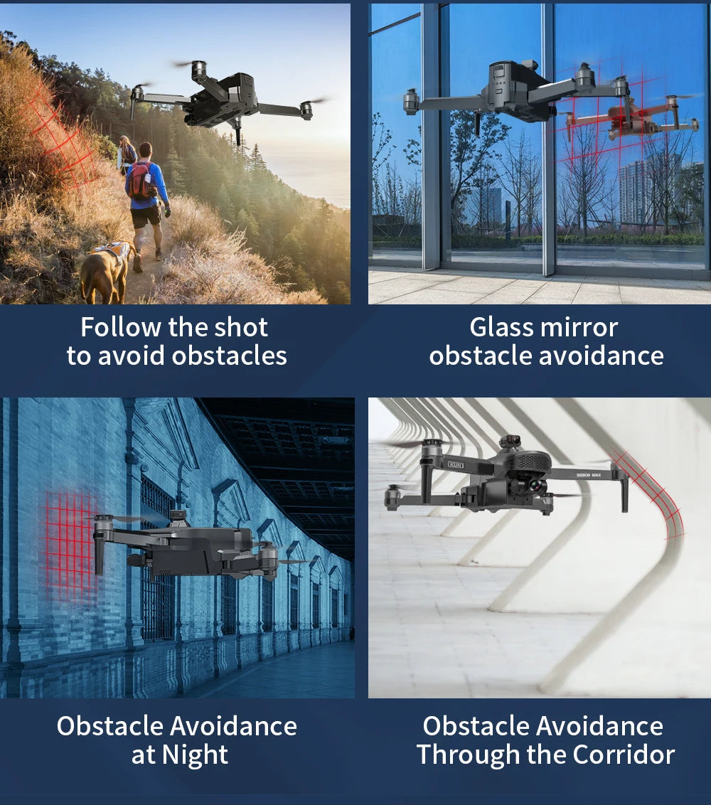 Collage of a drone avoiding obstacles in various scenarios with text labels.