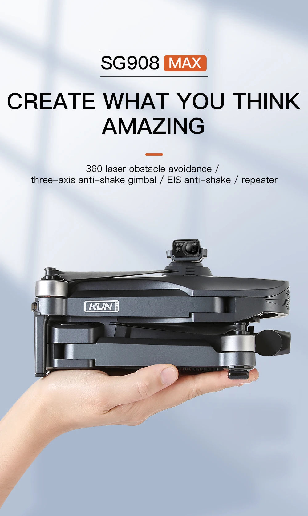 Hand holding a black drone with text highlighting features on a light blue background