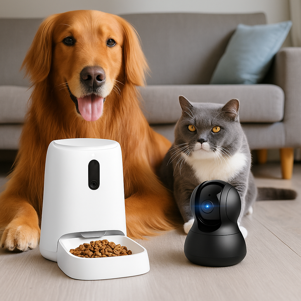 Golden retriever dog and gray cat sitting beside smart automatic pet feeder and pet camera on a cozy living room floor — showcasing premium pet tech accessories.
