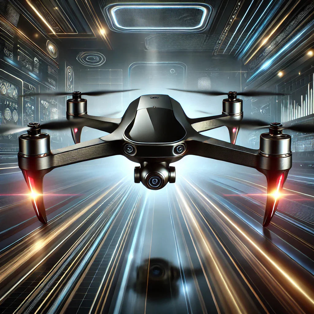  Collection of high-performance professional drones with sleek futuristic designs, advanced cameras, and LED lights, displayed in a dynamic tech-themed setting