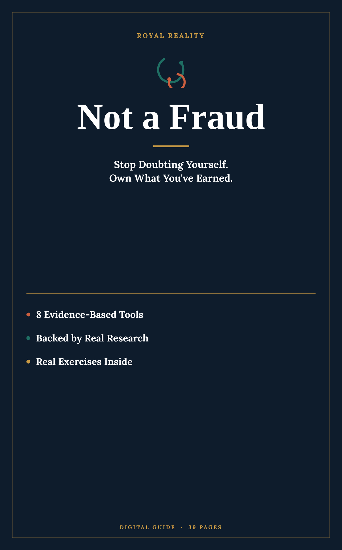 Digital cover of a guide titled 'Not a Fraud' by Royal Reality, featuring a dark navy blue background with white text and a small teal and orange logo.