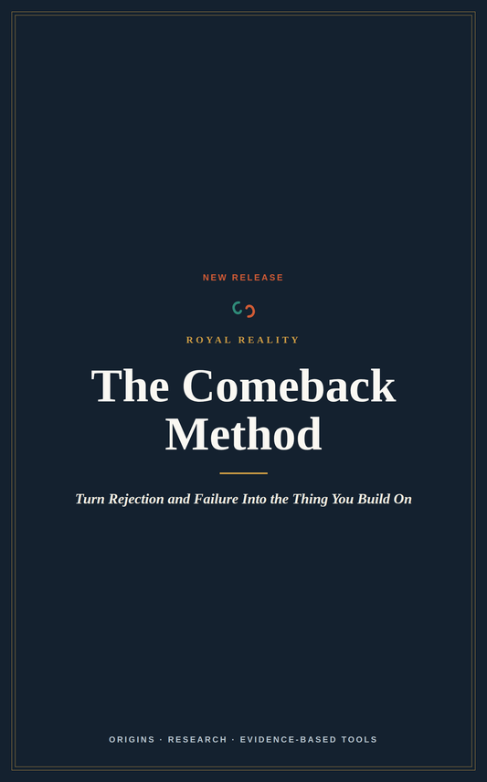 Book cover for 'The Comeback Method' by Royal Reality, featuring a dark navy blue background with white and gold text.