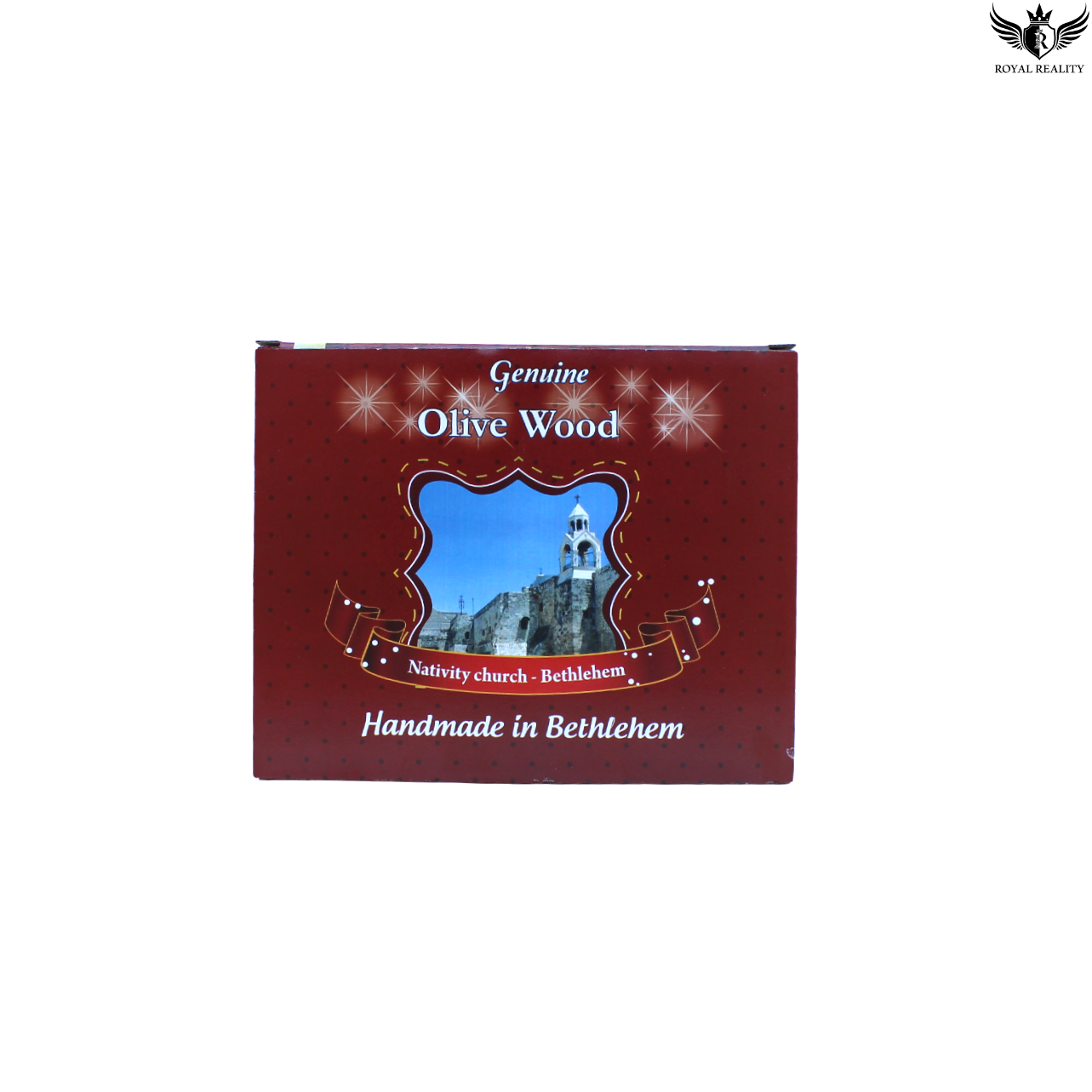 Red box with olive wood branding and Bethlehem text on a white background