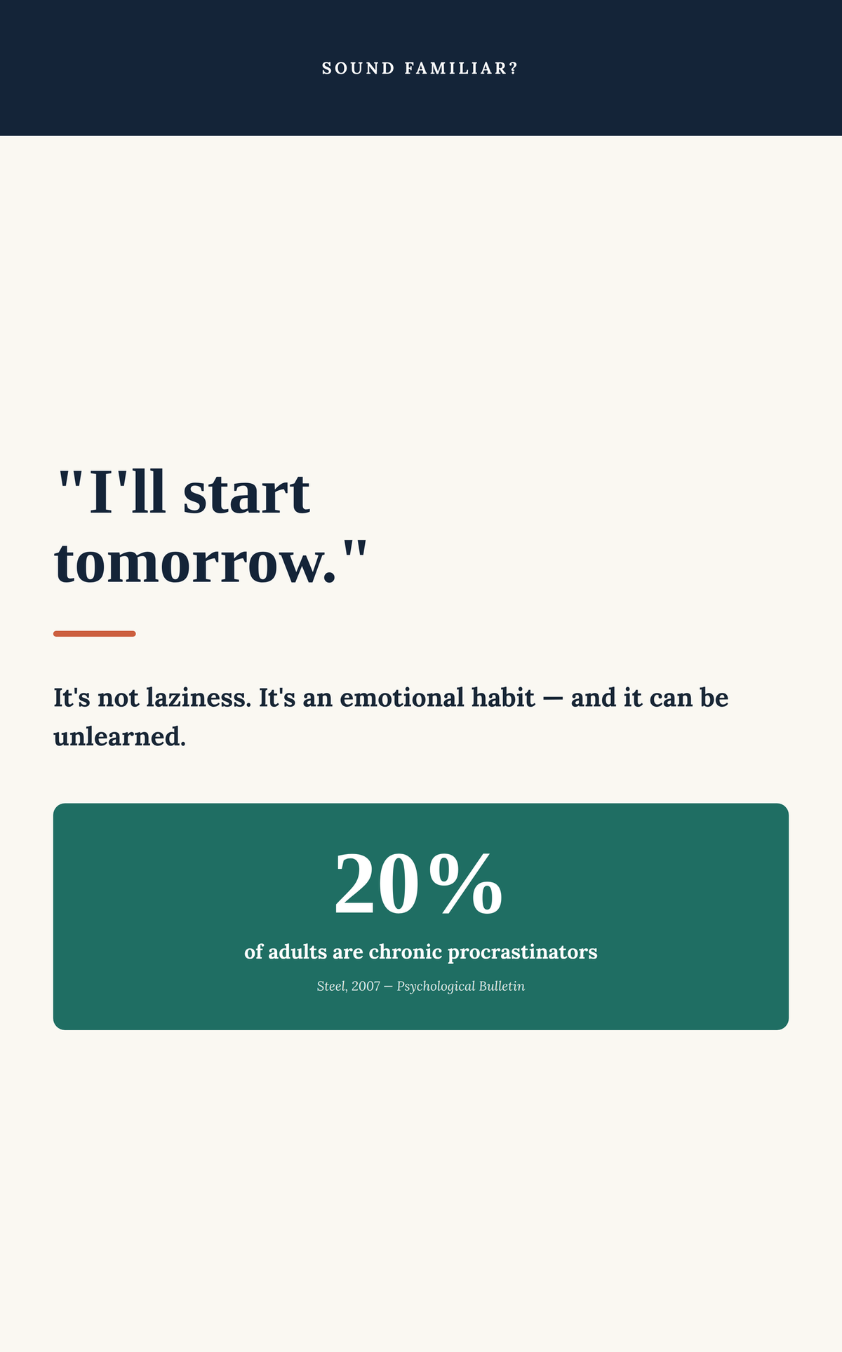 An informational poster with the quote "I'll start tomorrow." in dark navy text on a warm off-white background.