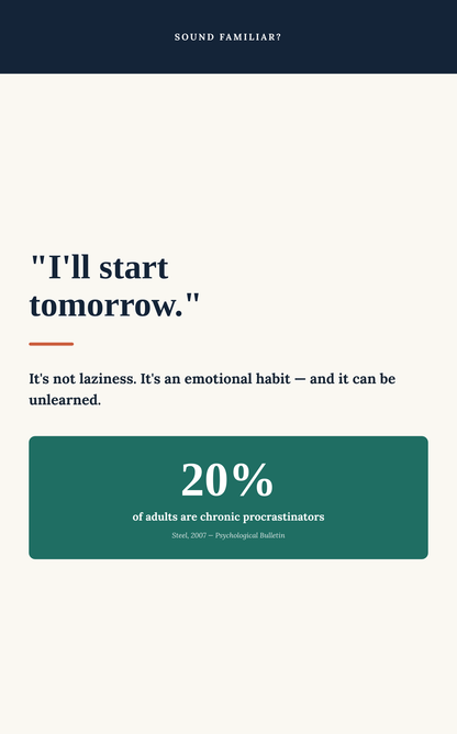 An informational poster with the quote "I'll start tomorrow." in dark navy text on a warm off-white background.