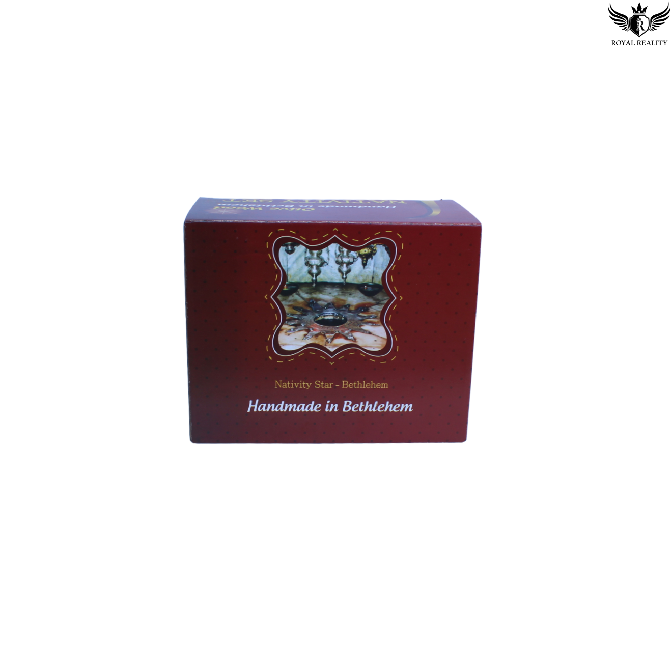 Red box with a Nativity scene design on a white background