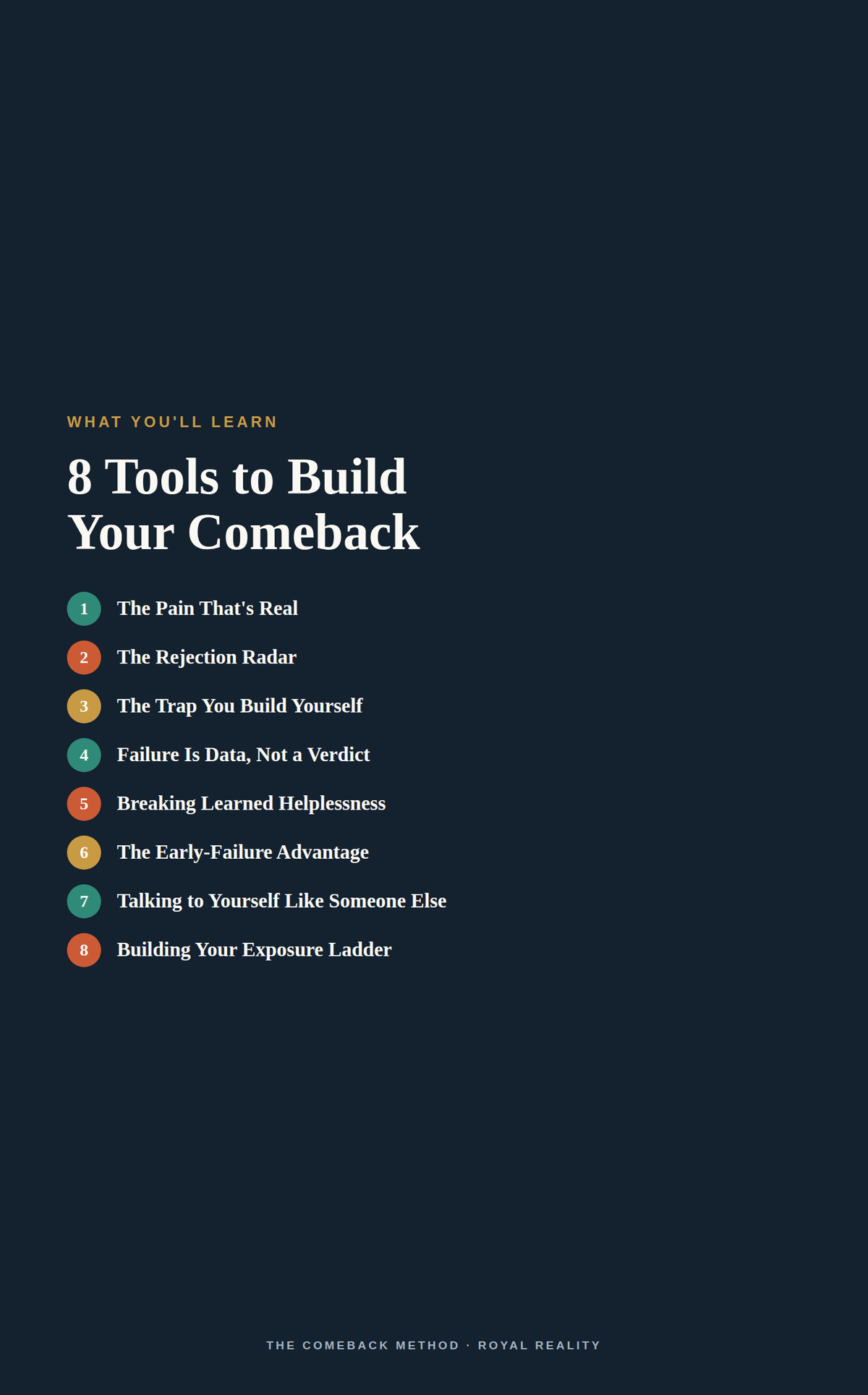 A dark navy book cover or digital cover design with the title '8 Tools to Build Your Comeback' in white text and a vertical list of topics in small colored circles. The cover is clean and minimal, with no person, animal, or real environment visible.