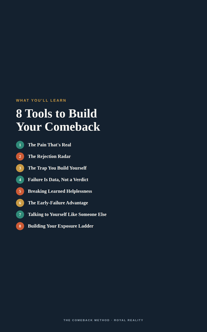 A dark navy book cover or digital cover design with the title '8 Tools to Build Your Comeback' in white text and a vertical list of topics in small colored circles. The cover is clean and minimal, with no person, animal, or real environment visible.