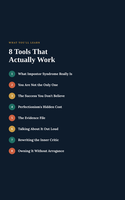 A dark navy book-cover style graphic with the title '8 Tools That Actually Work' and a list of topics under 'What You'll Learn,' including 'What Imposter Syndrome Really Is' through 'Owning It Without Arrogance,' each labeled with a colored number.