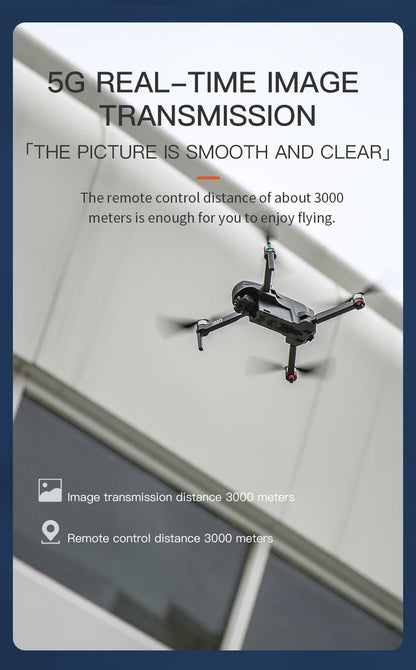 Drone with text about 5G real-time image transmission and remote control distance on a white background.