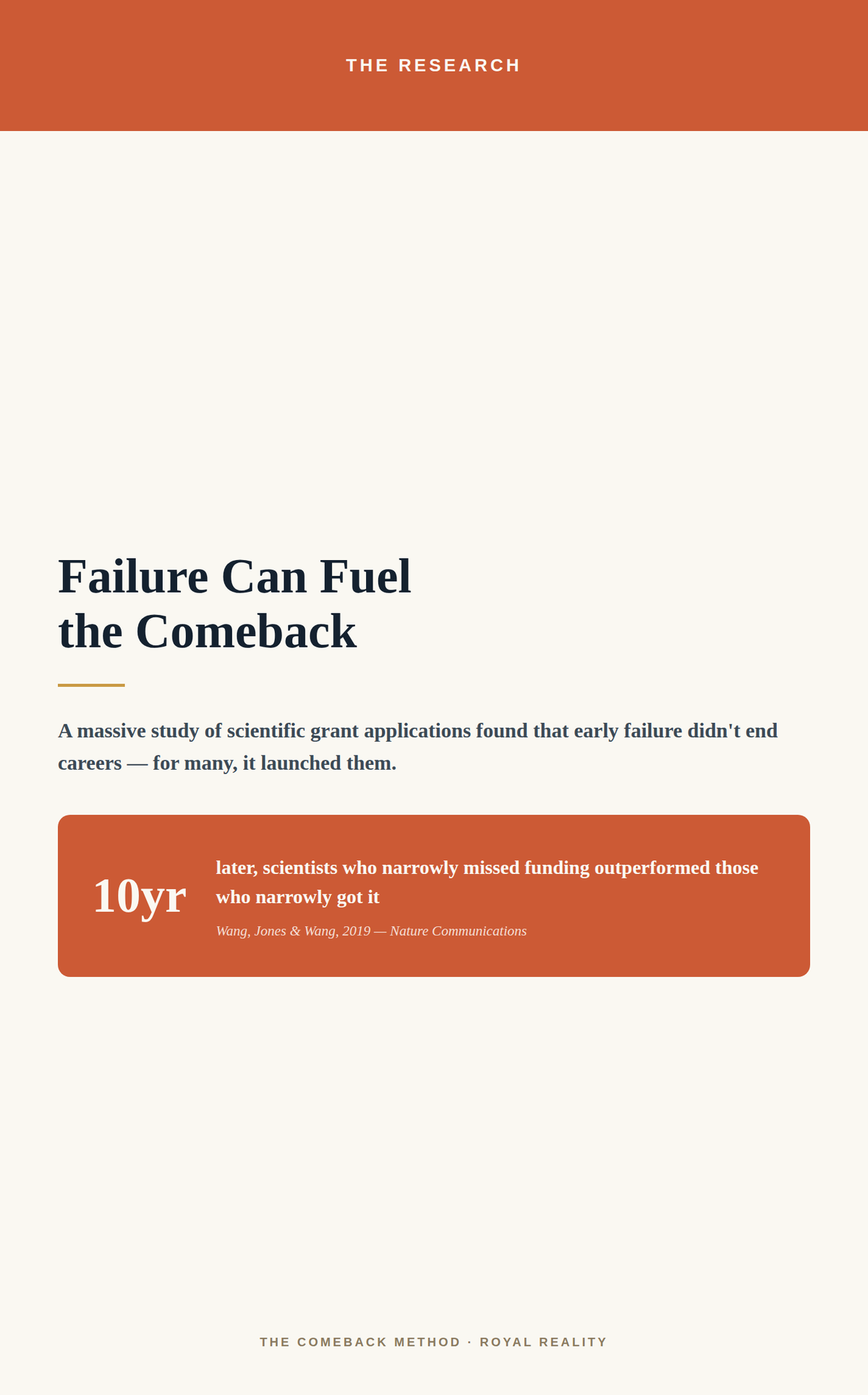 A minimalist book or digital cover design with an off-white background, an orange header reading 'THE RESEARCH,' and dark navy text about failure fueling comeback. A prominent orange block near the bottom contains a quote and the text '10yr.