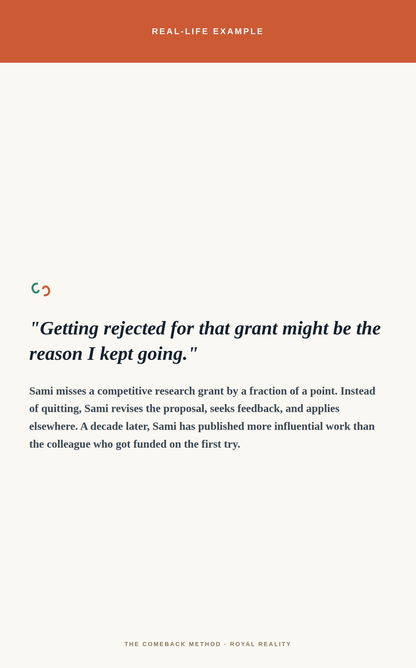 A minimalist poster-style graphic with an orange header reading 'REAL-LIFE EXAMPLE' above a large off-white background containing a quote in dark gray text and a small multicolor logo near the left side.