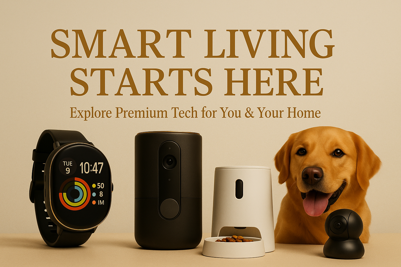 Smart devices and a dog with 'Smart Living Starts Here' text on a beige background
