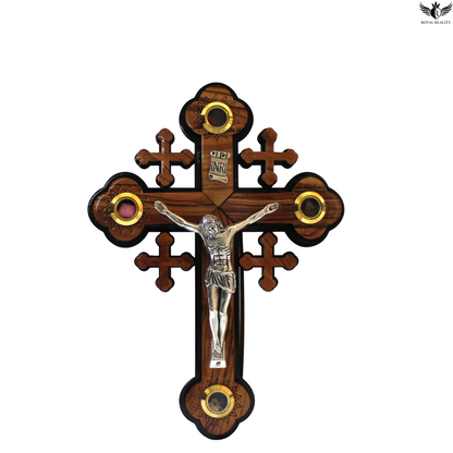 Handcrafted Olive Wood Wall Cross with Holy Relics – From the Holy Land (8.9” x 6.3”)