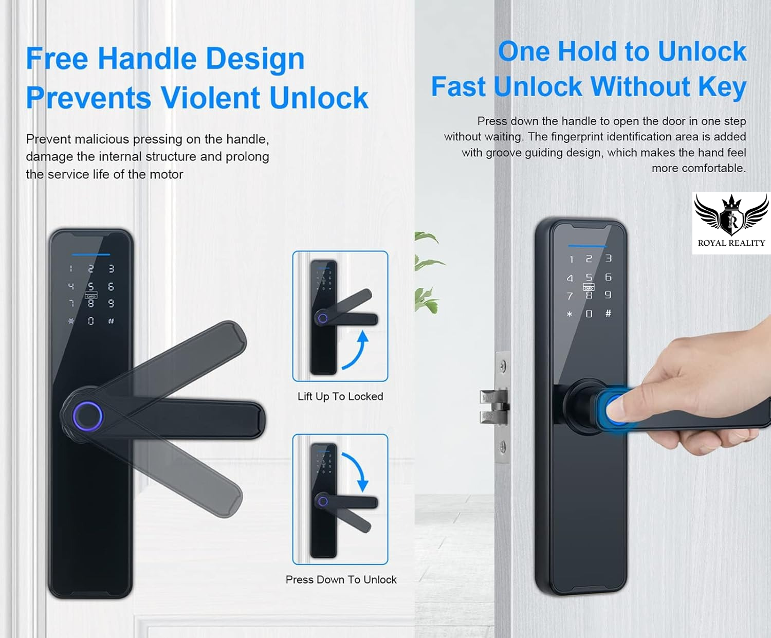 Digital door lock with free handle design and user instructions on a white background