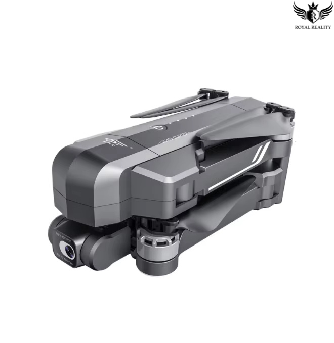 Foldable drone with a gray and black design on a white background, featuring the Royal Reality logo.