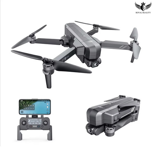 black drone with folded and extended propellers, accompanied by a smartphone with app interface on a white background.