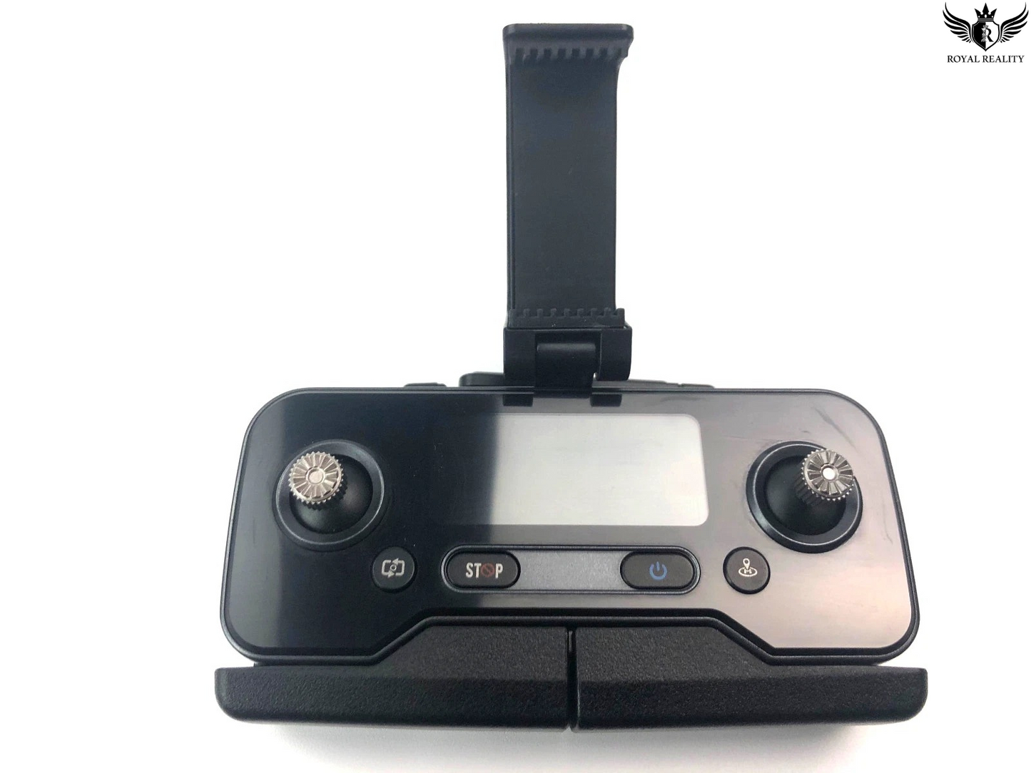 Black drone remote control with display screen on a white background