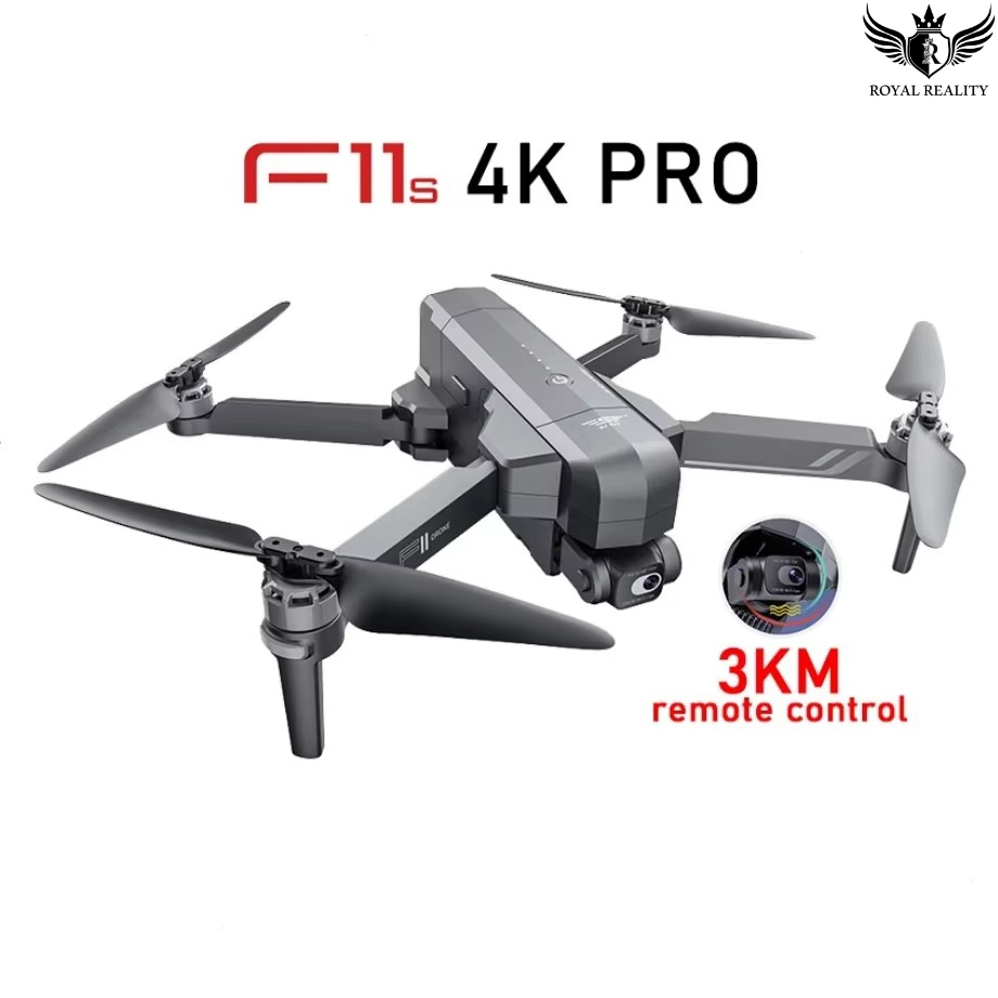 Gray drone with propellers on a white background, featuring 'F11s 4K PRO' and '3KM remote control' text.