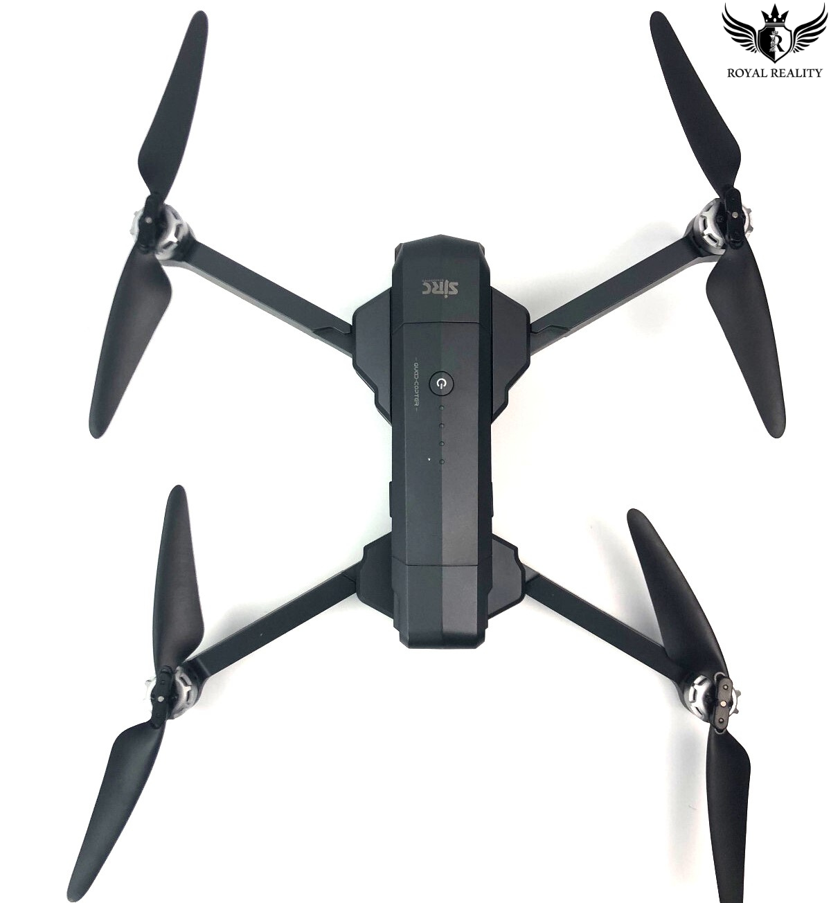 Black drone with four propellers on a white background, featuring the 'Royal Reality' brand.