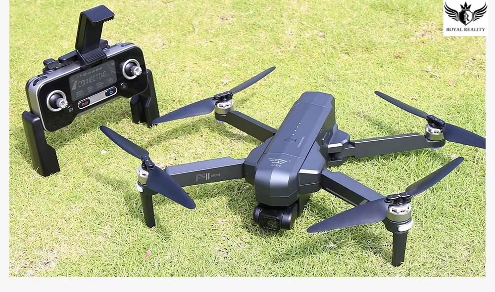 Black drone with propellers and a remote control on grass, brand 'Royal Reality' visible.