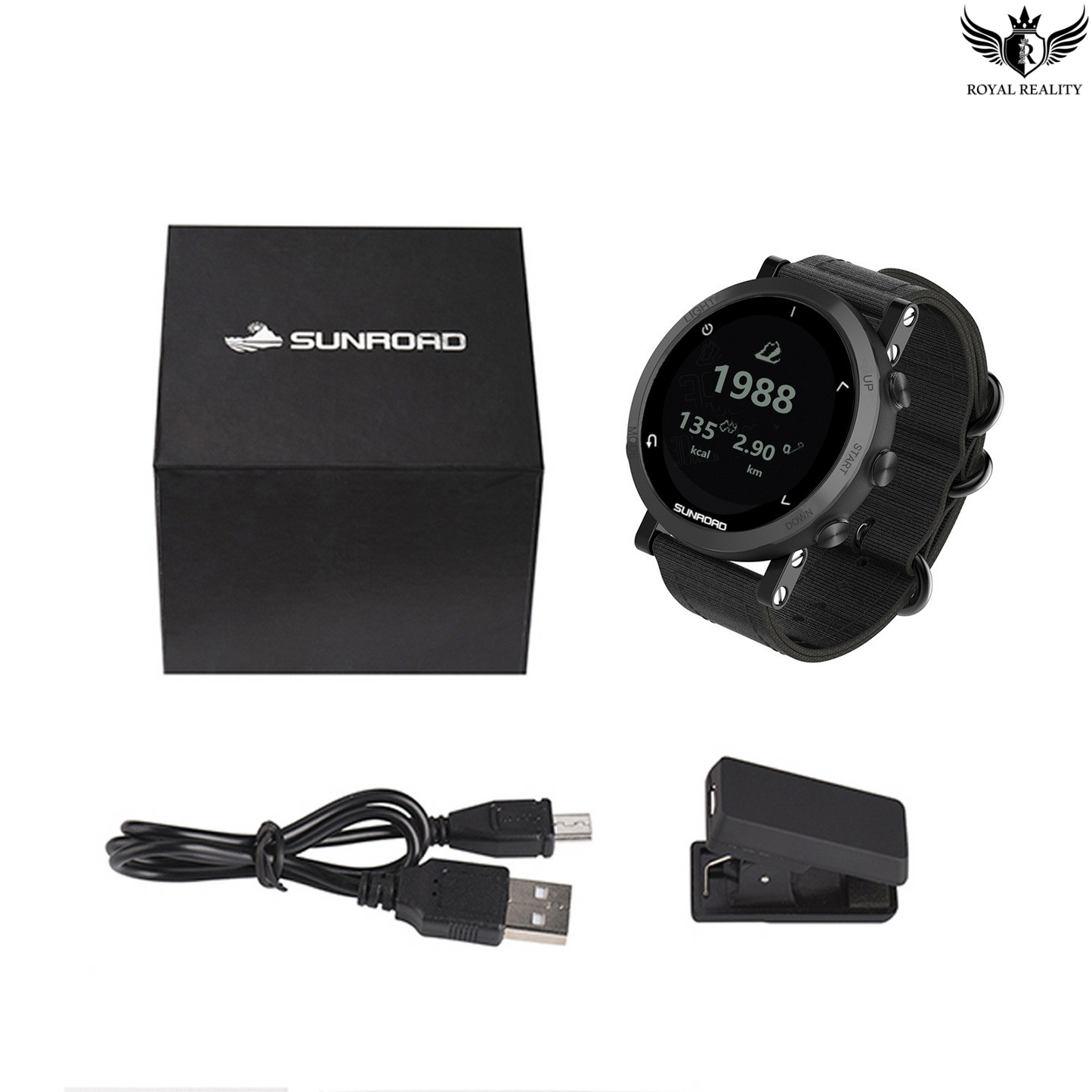 "Complete package: watch, charging cable & clip, ready for your next adventure"