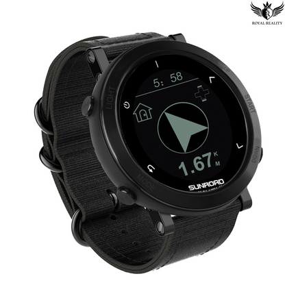 Black smartwatch with digital display on a white background, featuring the brand 'Sunroad'.