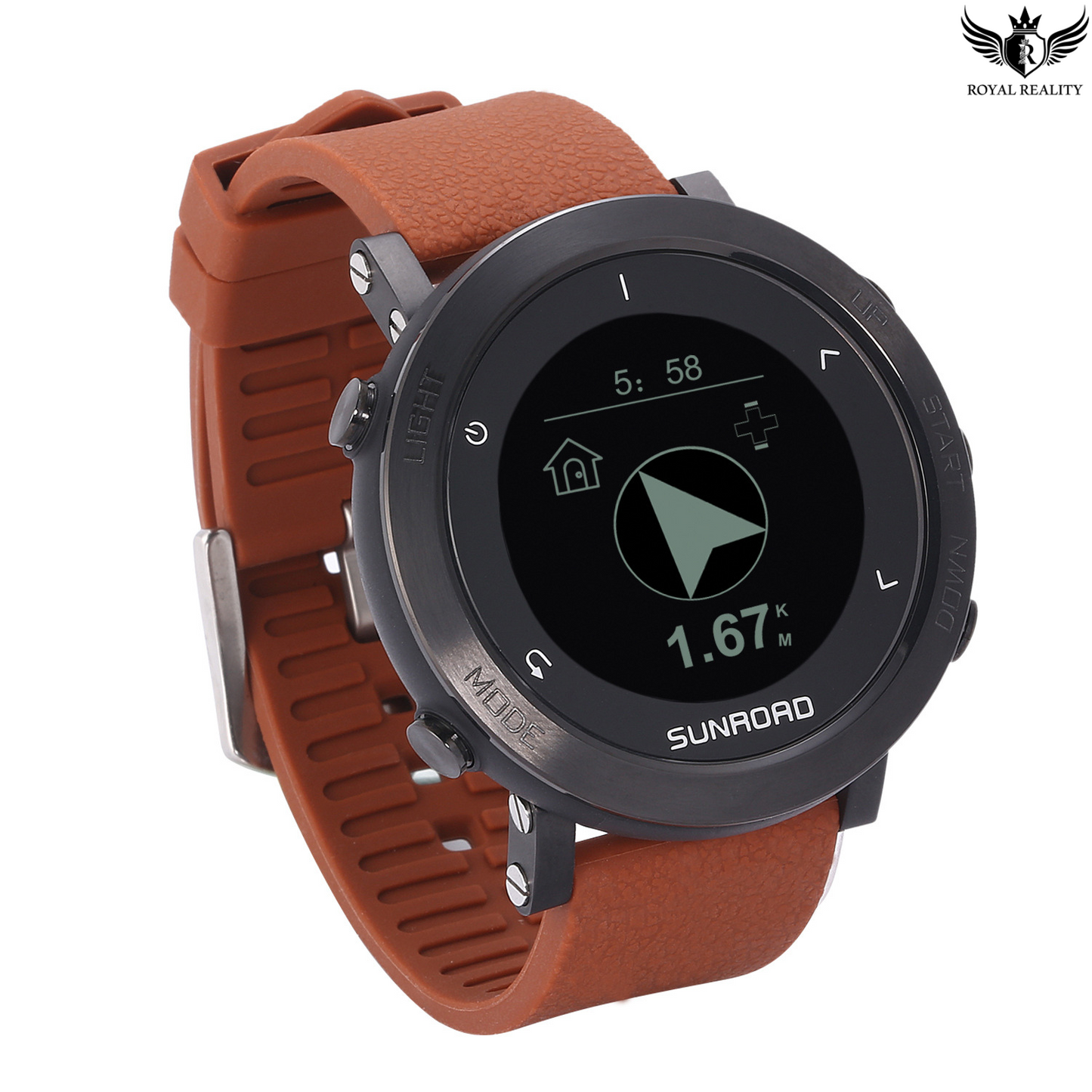 Smartwatch with a brown leather strap on a white background, featuring the brand 'Sunroad'.